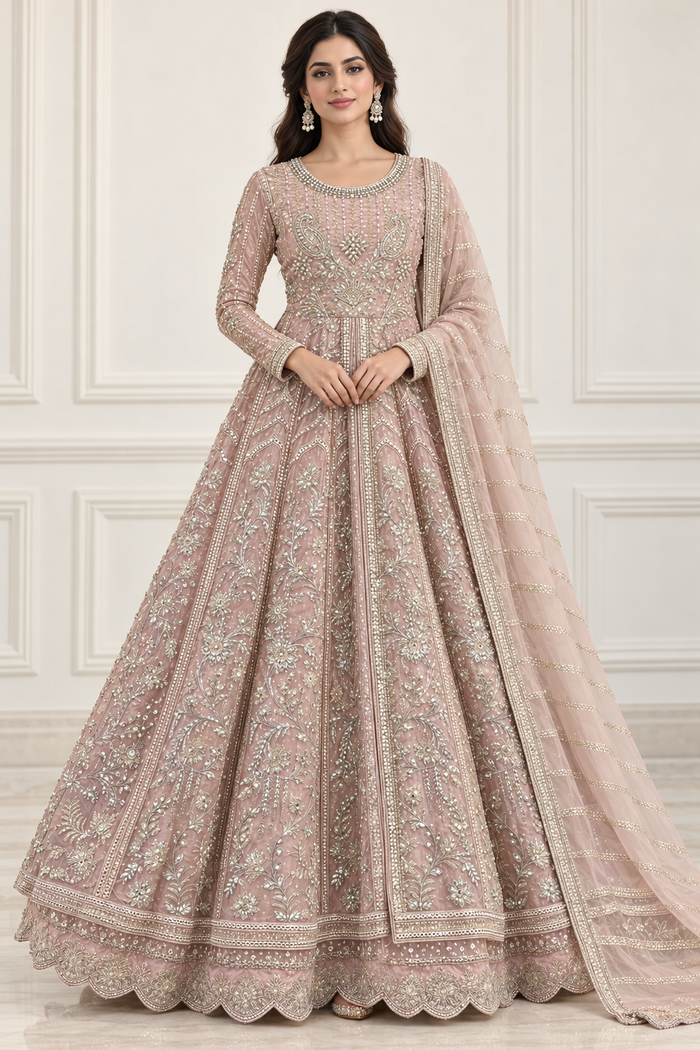 Blush Pink Embroidered 3-Piece Silk Anarkali