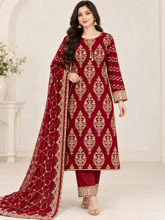 Maroon & Gold Paisley Embroidered 3-Piece Chiffon Party Wear – Medium