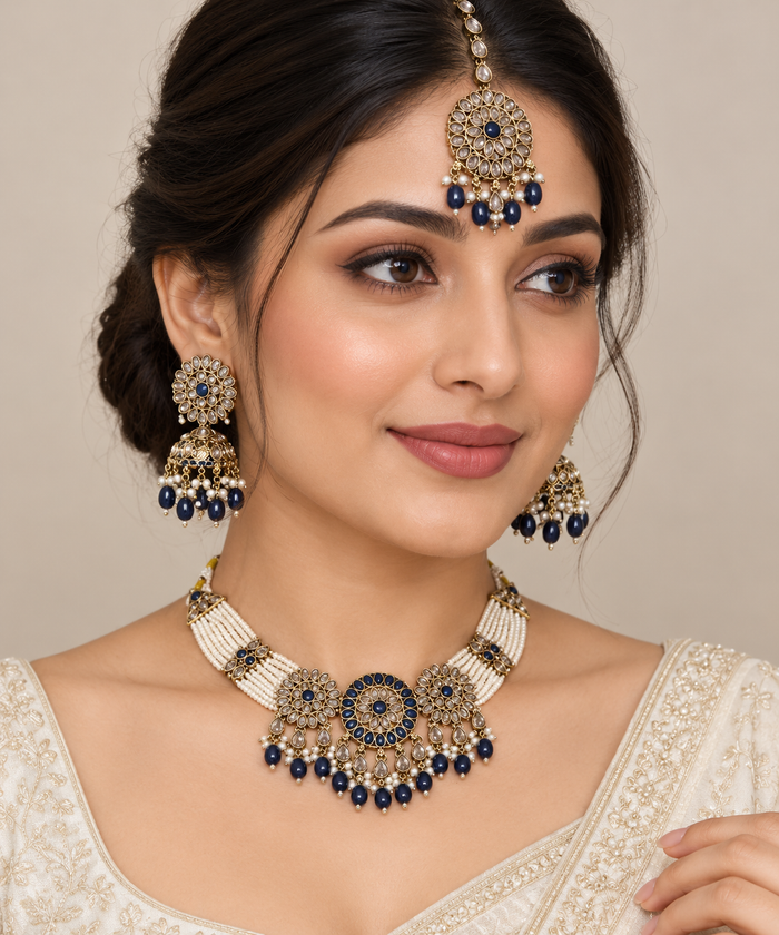 Navy Floral Pearl-Strand Party Jewellery Set