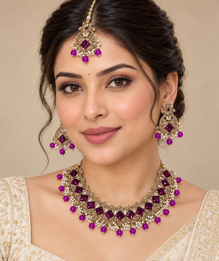 Purple Square Stone Gold-Tone Party Jewellery Set