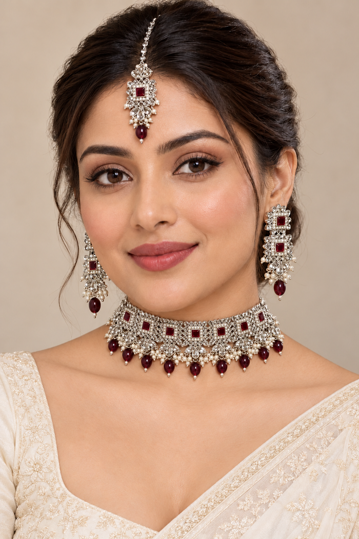 Silver-Tone Square Stone Choker Party Jewellery Set