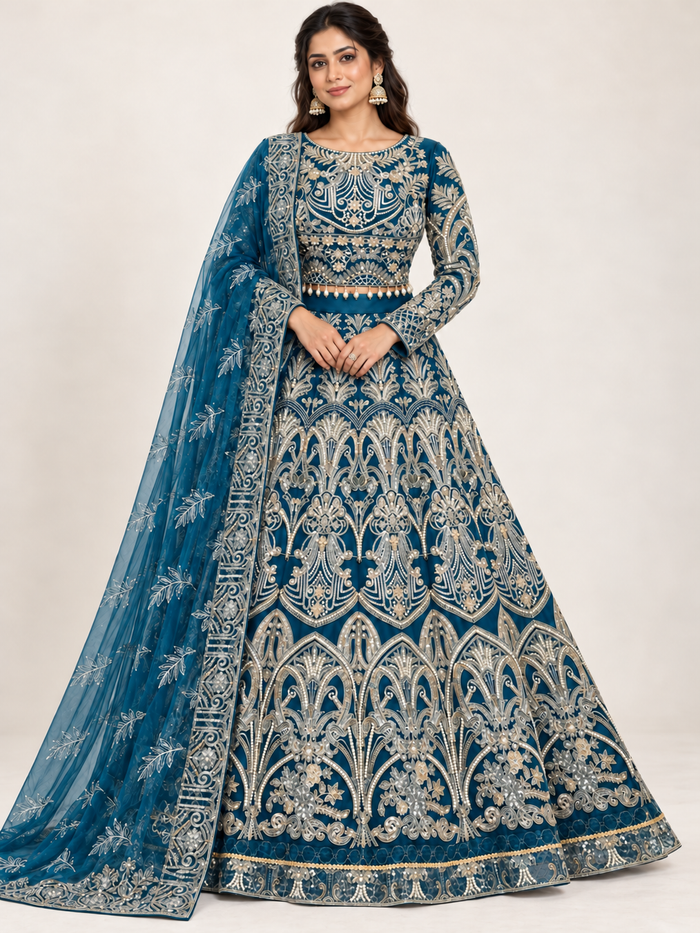 Teal Embroidered 3-Piece Silk Lehenga – Large